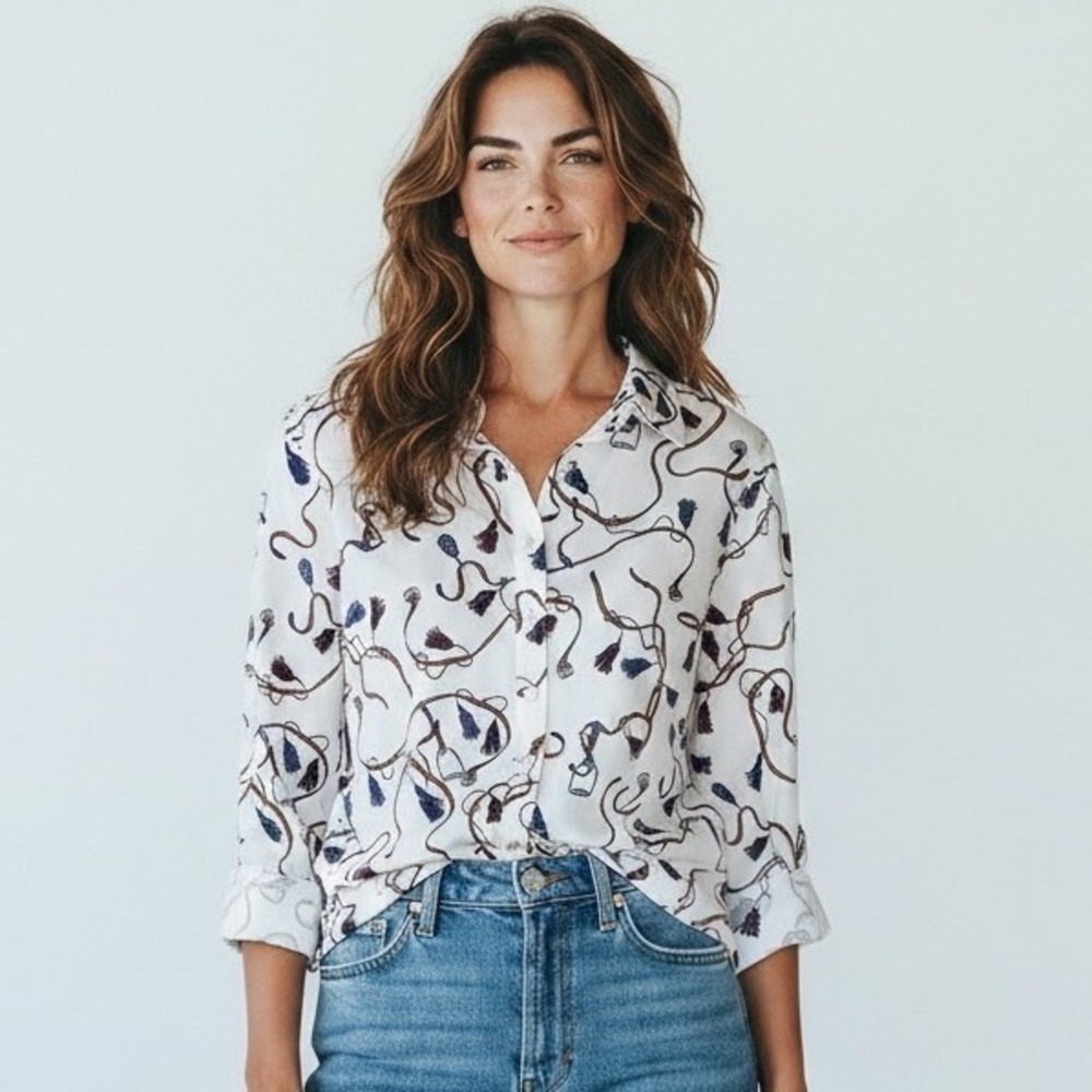 Talbots Petites 10P Non-Iron Equestrian Tassel Print Button Down Shirt White